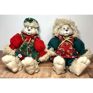 2 House Of Lloyd Christmas Bunny Dolls Plush & Fabric Figurines Faces Porcelain